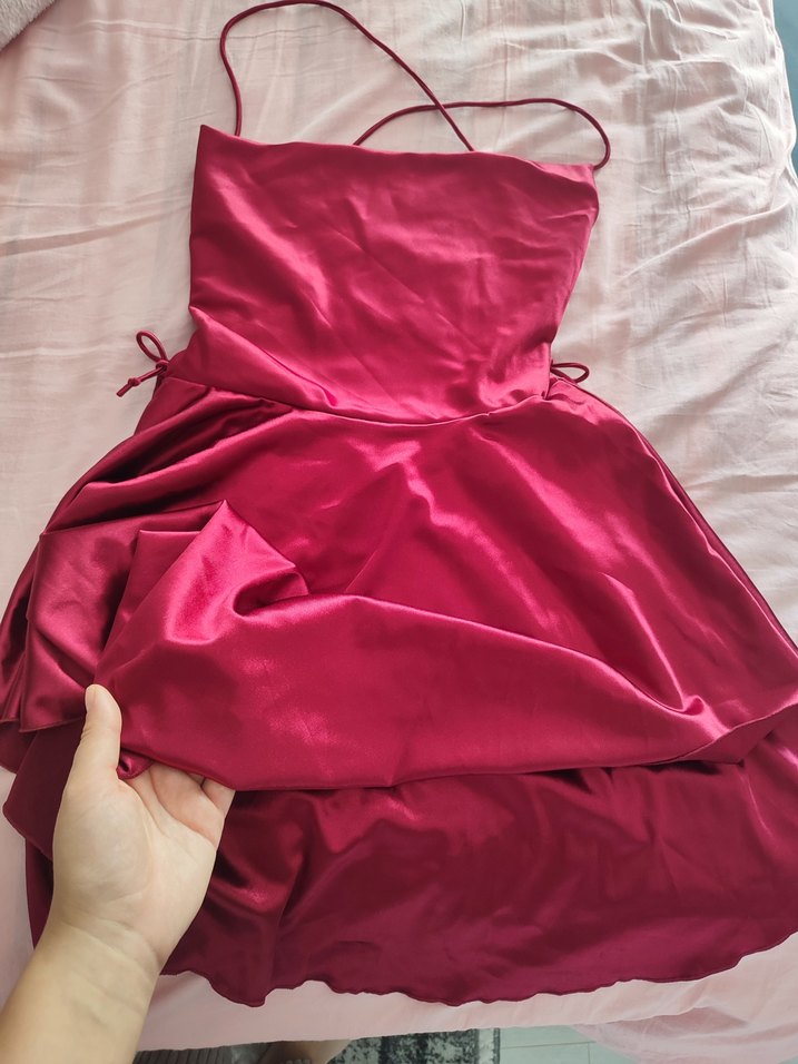 Parlak Bordo Mini Drapeli Gece Elbisesi - Görsel 4