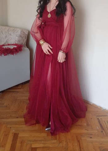 Abiye bordo Uzun Drapeli Abiye Elbise