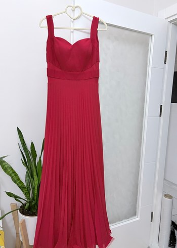 Kırmızı Pilili Uzun Abiye Elbise - Görsel 2