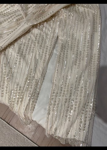 Bej Straplez İşlemeli Uzun Abiye Elbise - Görsel 2