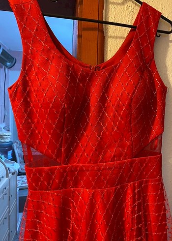 Kırmızı V Yakalı  Abiye Elbise - Görsel 2