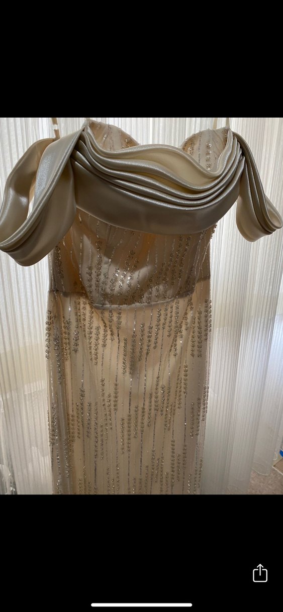 Bej gold  Drapeli Uzun Straplez Abiye Elbise - Görsel 2