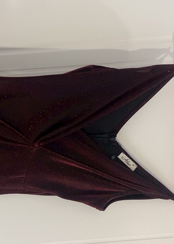 Kırmızı Drapeli V Yakalı Simli YırtmaçlıUzun Abiye Elbise - Görsel 3