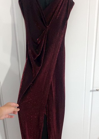 Kırmızı Drapeli V Yakalı Simli YırtmaçlıUzun Abiye Elbise - Görsel 2