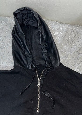 Diğer Siyah Deri Detaylı Kapüşonlu Kadın Sweatshirt