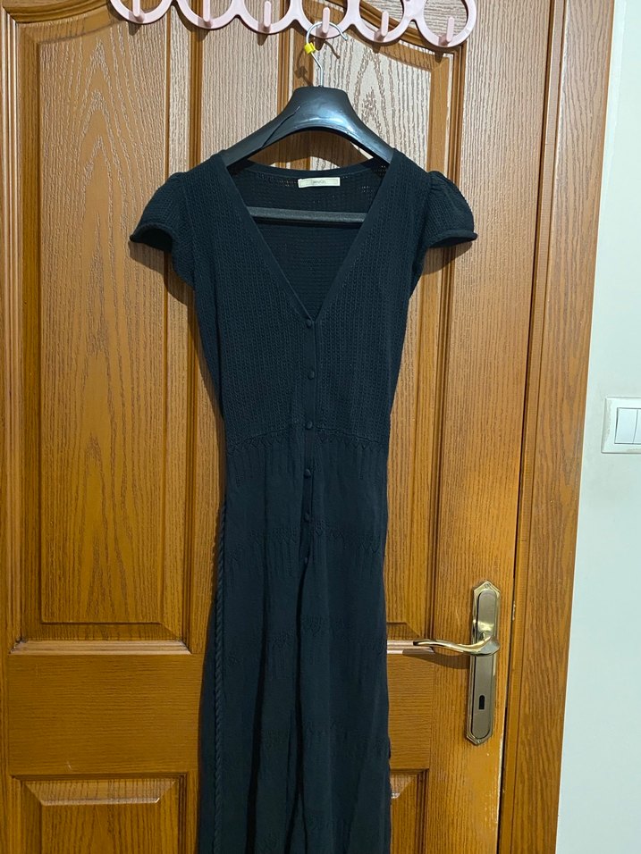 Siyah V Yakalı Uzun Triko Elbise - Görsel 2