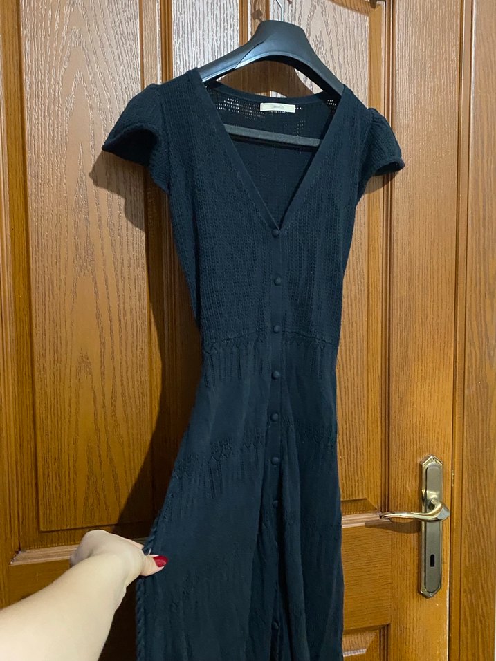 Siyah V Yakalı Uzun Triko Elbise - Görsel 5