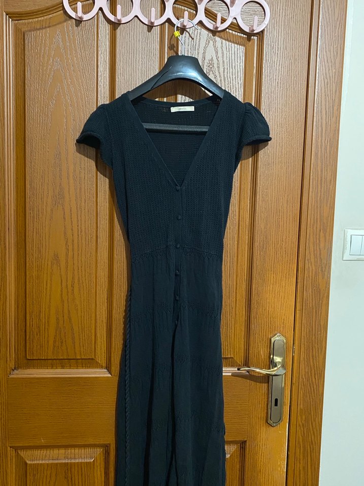 Siyah V Yakalı Uzun Triko Elbise - Görsel 3