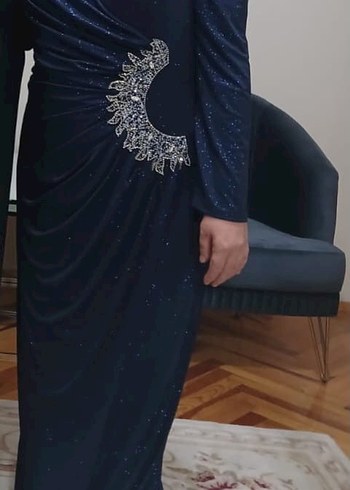 Uzun Kollu Drapeli Parlak Mavi Abiye Elbise - Görsel 2