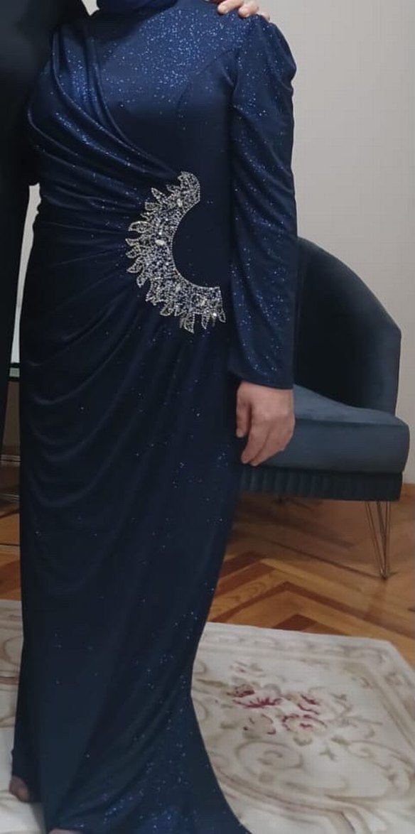 Uzun Kollu Drapeli Parlak Mavi Abiye Elbise - Görsel 2