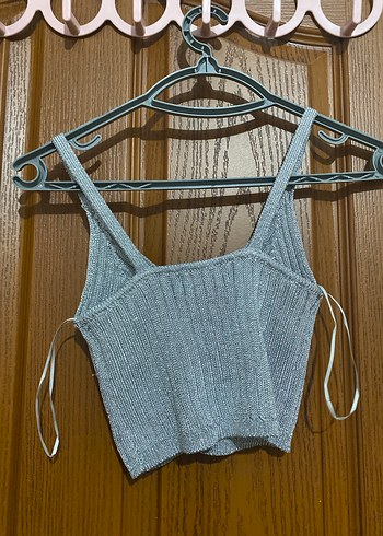 Gri V Yakalı Örgü Mini Atlet - Görsel 2