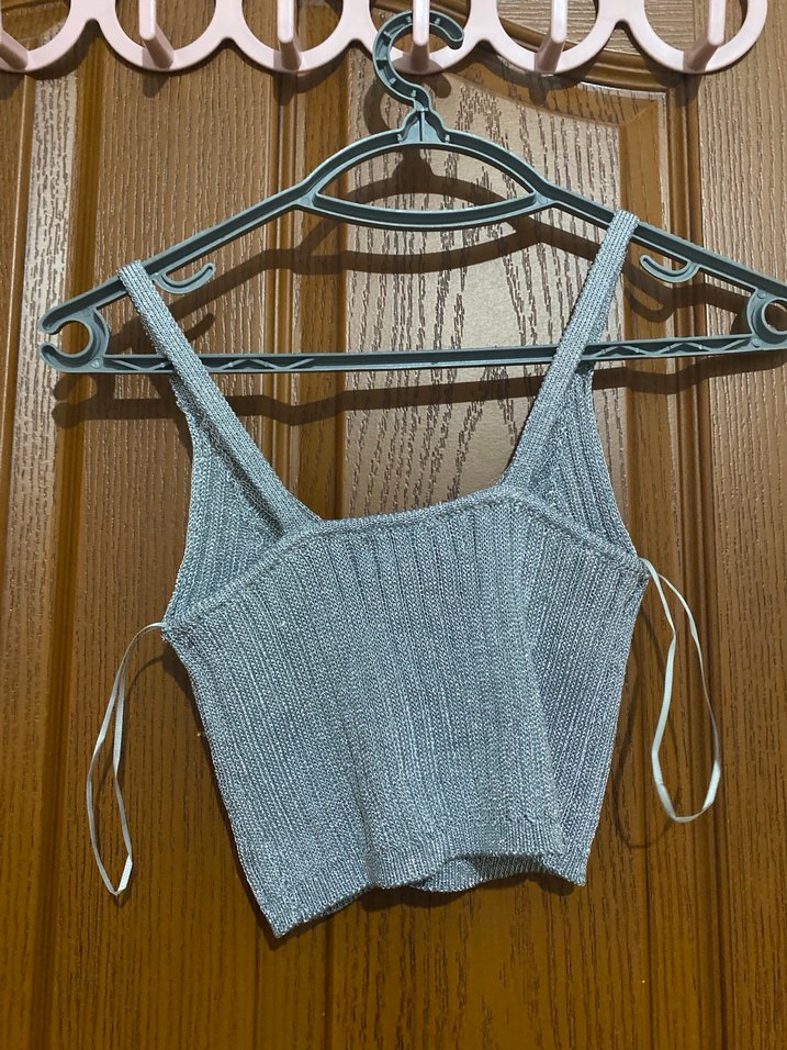 Gri V Yakalı Örgü Mini Atlet - Görsel 2