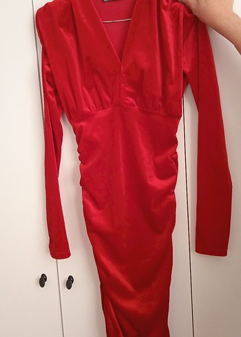 Parlak Kırmızı Midi V Yaka Kadın Elbise - Görsel 3