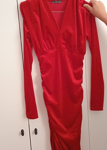 Parlak Kırmızı Midi V Yaka Kadın Elbise - Görsel 2