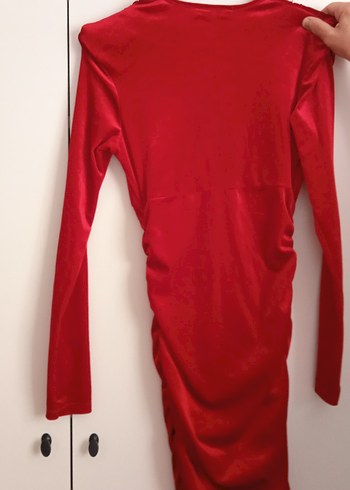 Parlak Kırmızı Midi V Yaka Kadın Elbise - Görsel 5