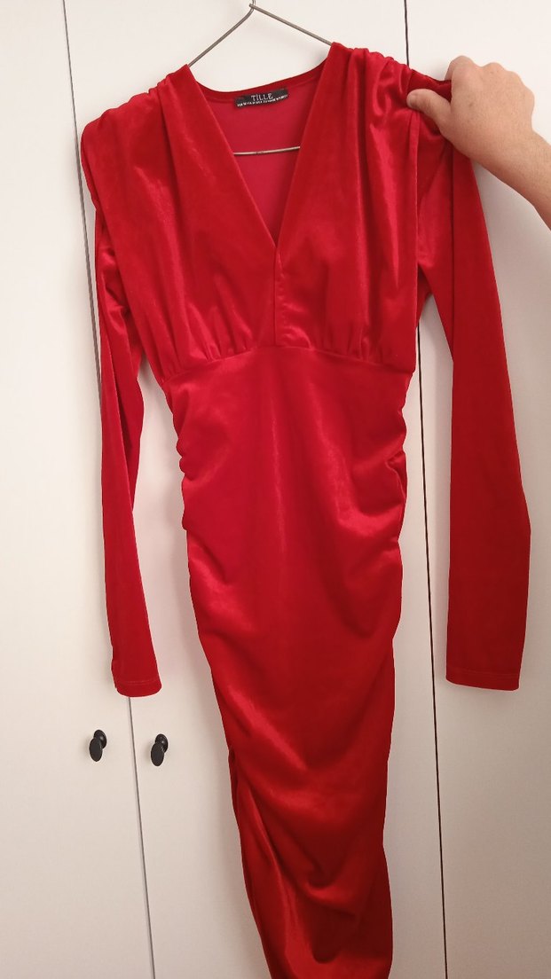 Parlak Kırmızı Midi V Yaka Kadın Elbise - Görsel 3