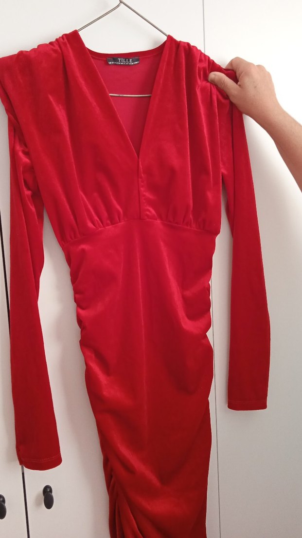 Parlak Kırmızı Midi V Yaka Kadın Elbise - Görsel 4