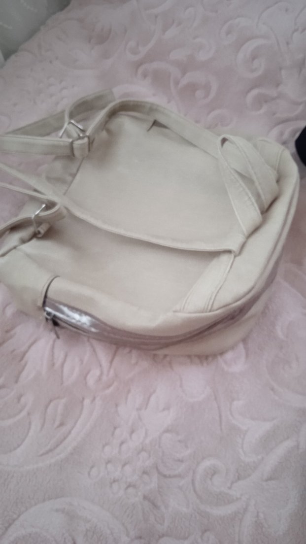 Bej Kadın Sırt Çantası, İşlemeli, Düğmeli - Görsel 2