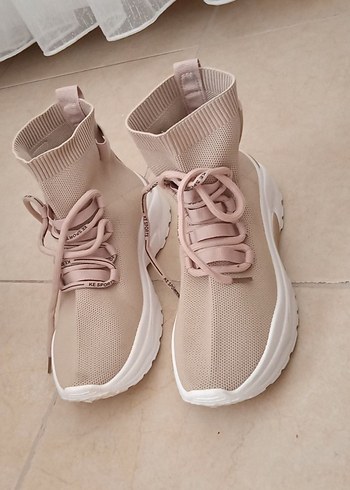 Bej Platform Topuklu Bağcıklı Kadın Spor Ayakkabı - Görsel 2