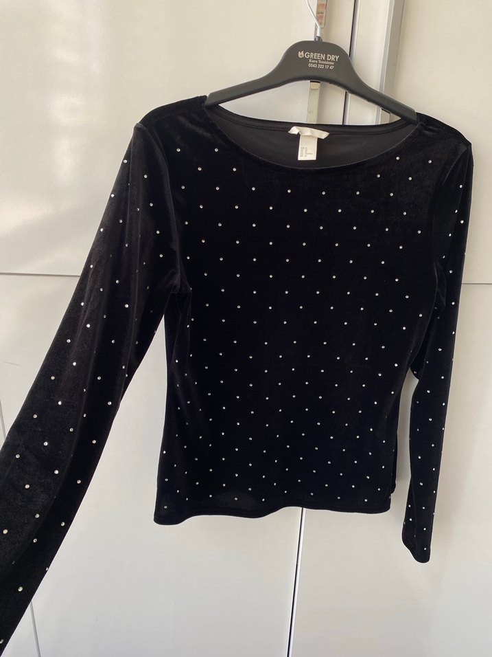 Siyah Taşlı Kadife Kadın Bluz - Görsel 3