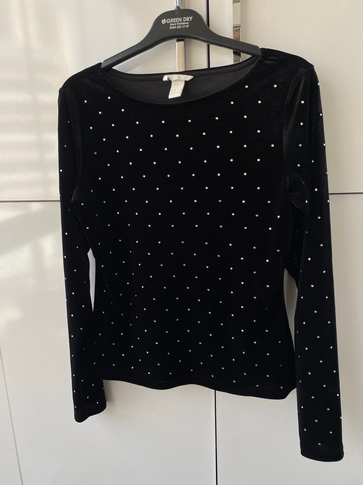 Siyah Taşlı Kadife Kadın Bluz - Görsel 5