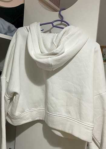 Beyaz Kapüşonlu Fermuarlı Kadın Sweatshirt - Görsel 2