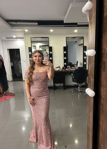 Pudra Pullu Drapeli Straplez Uzun Abiye Elbise - Görsel 4