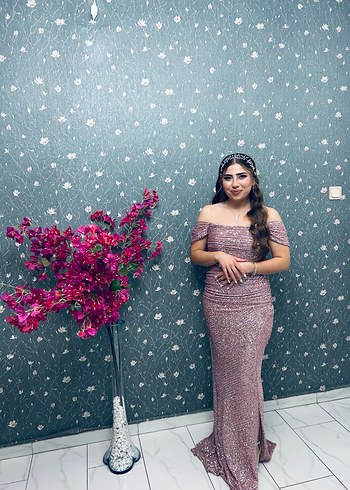 Pudra Pullu Drapeli Straplez Uzun Abiye Elbise - Görsel 3