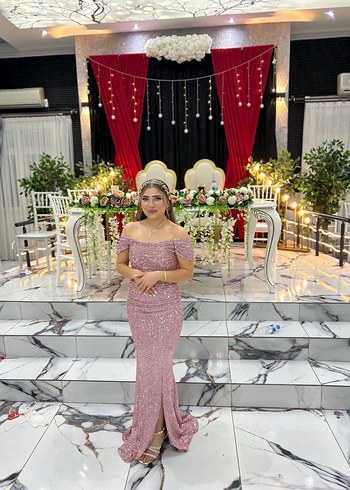 Pudra Pullu Drapeli Straplez Uzun Abiye Elbise - Görsel 2