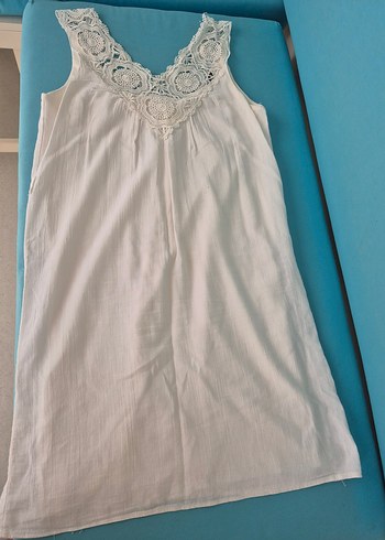 Dantel Detaylı Beyaz Midi Keten Elbise - Görsel 2