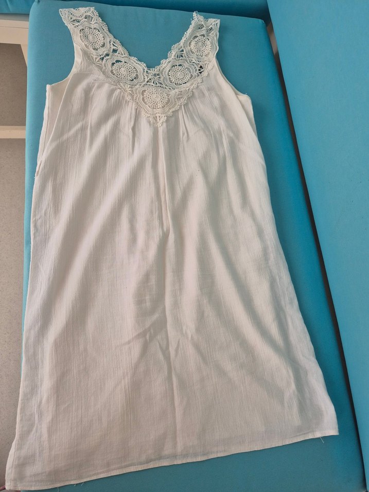 Dantel Detaylı Beyaz Midi Keten Elbise - Görsel 2