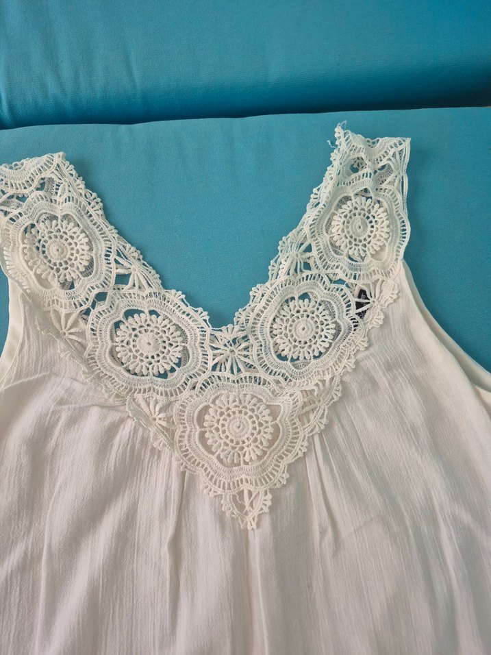 Dantel Detaylı Beyaz Midi Keten Elbise - Görsel 3