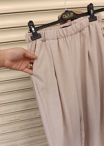 m Beden Bej Midi Keten Kadın Pantolon
