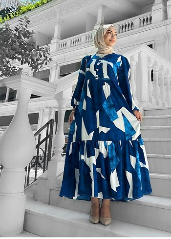 Diğer Mavi Batik Desenli Uzun Salaş Elbise