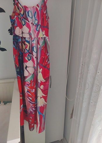 Renkli, Drapeli, Uzun Askısız Kadın Elbise - Görsel 5