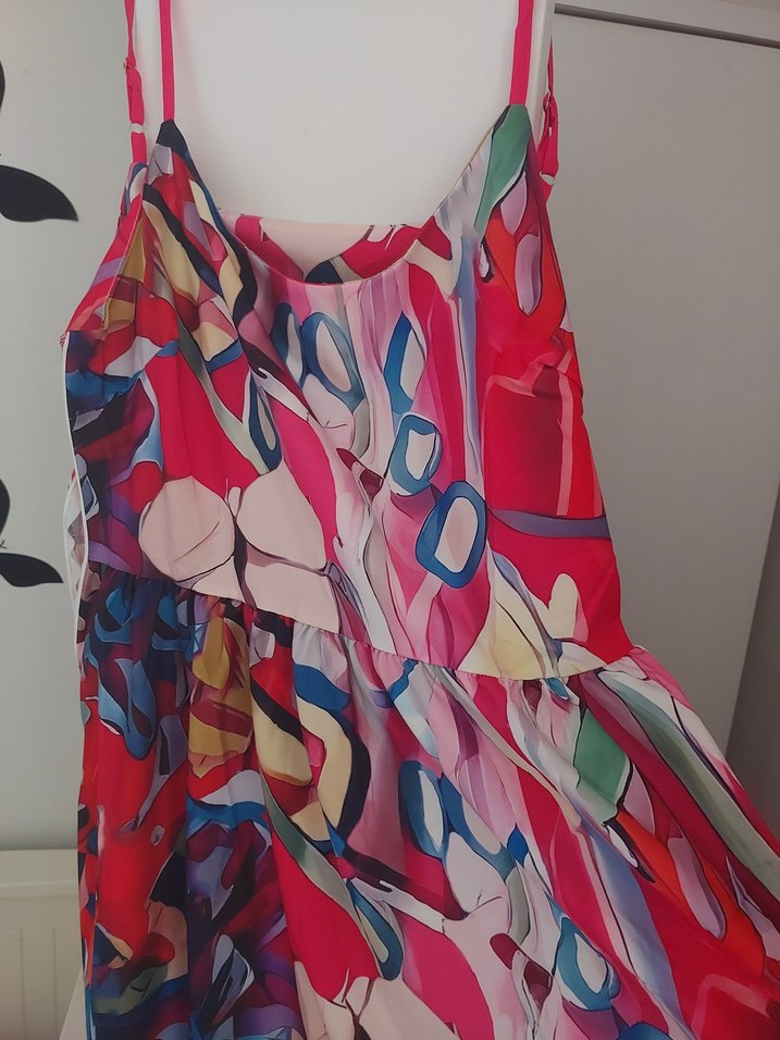 Renkli, Drapeli, Uzun Askısız Kadın Elbise - Görsel 3