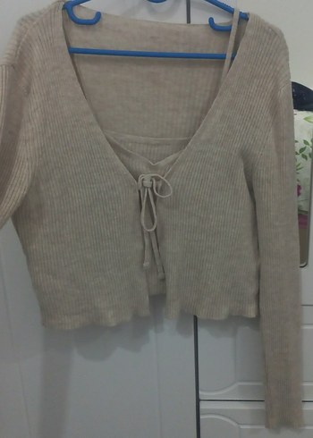 Bej V Yaka Örgü Mini Kadın Kazak - Görsel 4