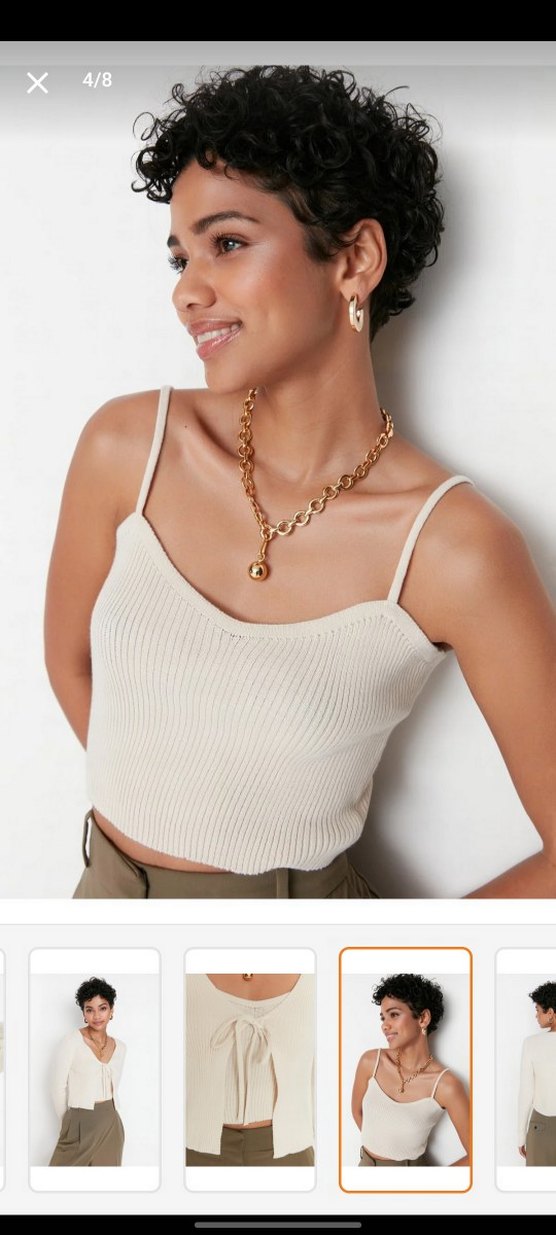 Bej V Yaka Örgü Mini Kadın Kazak - Görsel 2