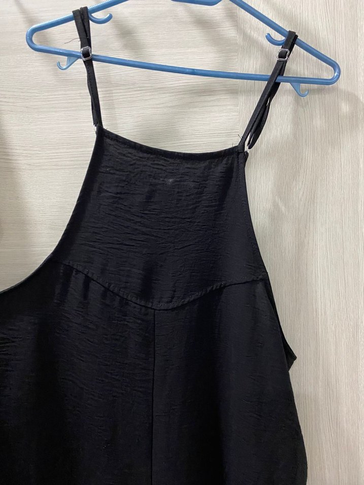 Kadın Siyah Keten Askılı Midi Tulum - Görsel 2