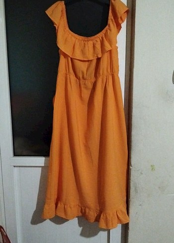 50 Beden Turuncu Fırfırlı Bohem Midi Elbise