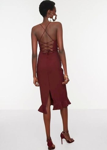 Trendyolmilla Bordo Midi Sırt Dekolteli Kadın Elbise - Görsel 2