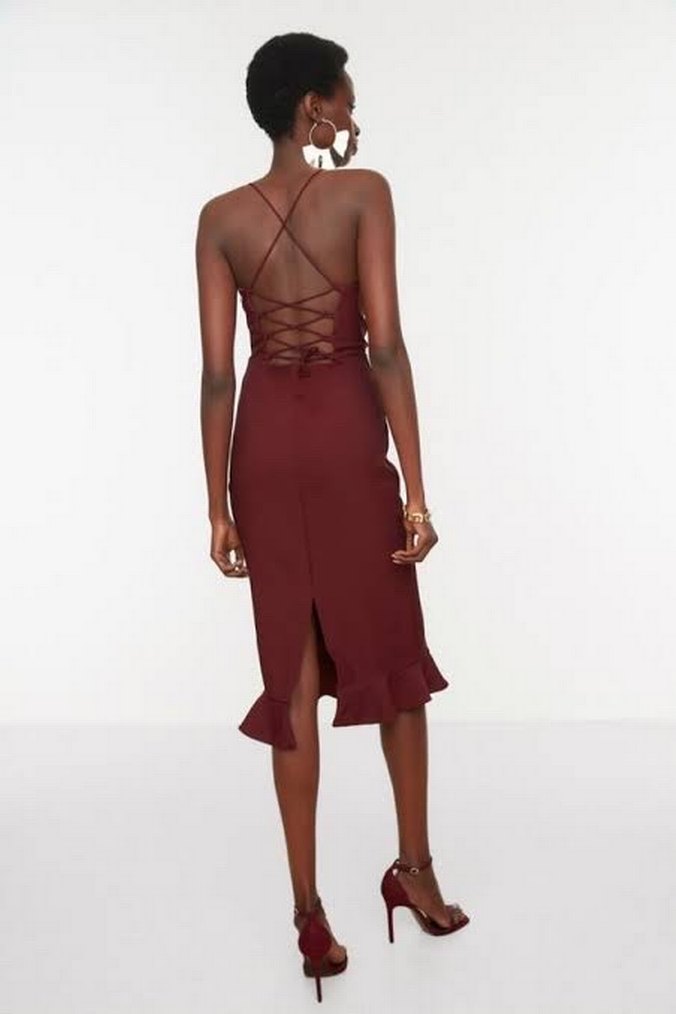 Trendyolmilla Bordo Midi Sırt Dekolteli Kadın Elbise - Görsel 2