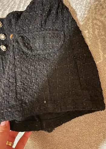 Düğmeli Siyah Mini Tüvit Şort - Görsel 5
