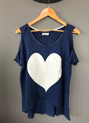 m Beden mavi Renk Kalp detaylı, Omuz detaylı Tatlı T-shirt