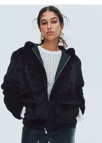 H&m Siyah Kapüşonlu Kadın Kürk Detaylı Ceket - Görsel 4