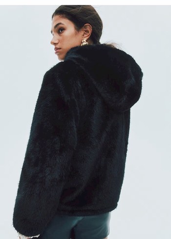 H&m Siyah Kapüşonlu Kadın Kürk Detaylı Ceket - Görsel 5