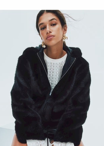 H&m Siyah Kapüşonlu Kadın Kürk Detaylı Ceket - Görsel 2