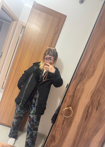 Siyah Süet Kürklü Biker Kadın Ceket - Görsel 6