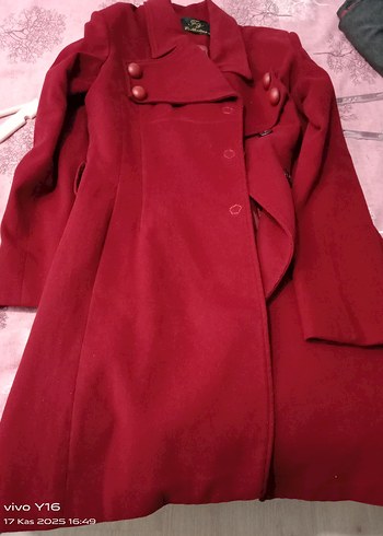 Bordo Düğmeli Kadın Kaban - Görsel 3