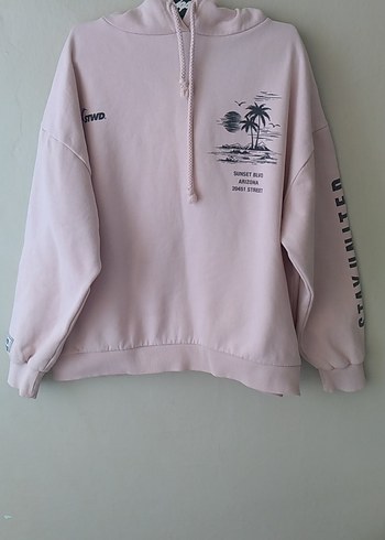 Pembe Kapüşonlu Baskılı Kadın Sweatshirt